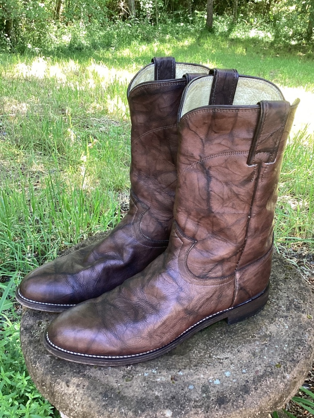 Spectacular Vintage Justin Roper Chocolate Marble Leather Cowboy Boots🦋
